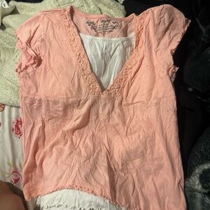 Unique Vintage Peach Lace Trim Blouse